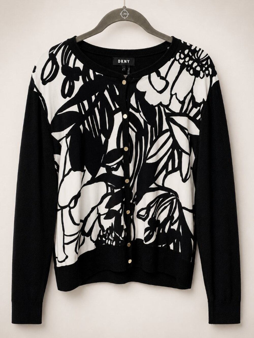 DKNY Black and White Floral Cardigan Women's Large